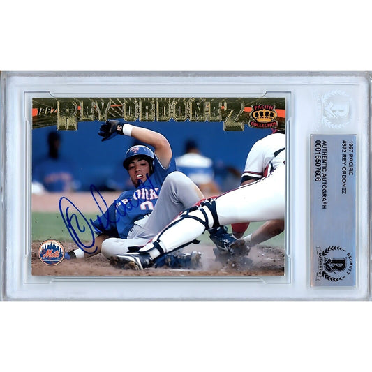 Baseballs- Autographed- Rey Ordonez New York Mets Signed 1997 Pacific Trading Card Beckett Authentic Auto Slab Front