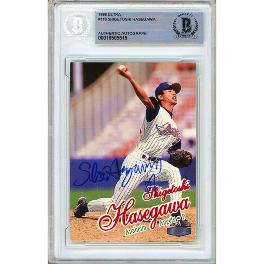 Baseballs- Autographed- Shigetoshi Hasegawa Los Angeles Angels Signed 1998 Fleer Ultra Trading Card Beckett Authentic Auto Slab Front