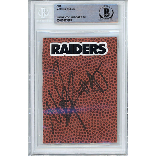 Footballs- Autographed- Marcel Reece Las Vegas Raiders Signed Football Signature Cut Beckett Authentic Auto Slab Front