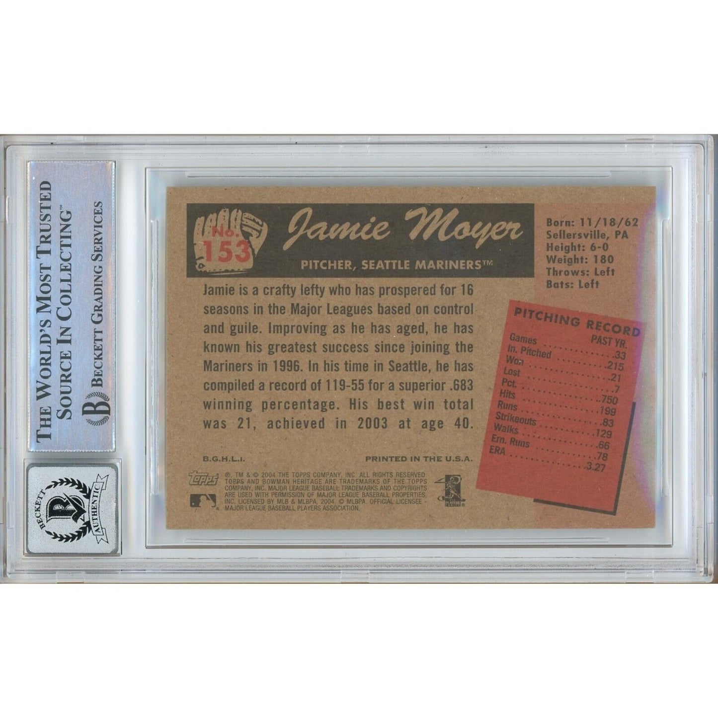 Baseballs- Autographed- Jamie Moyer Seattle Mariners Signed 2004 Bowman Heritage Baseball Card Beckett Authentic BGS Auto-10 Graded Slab Back