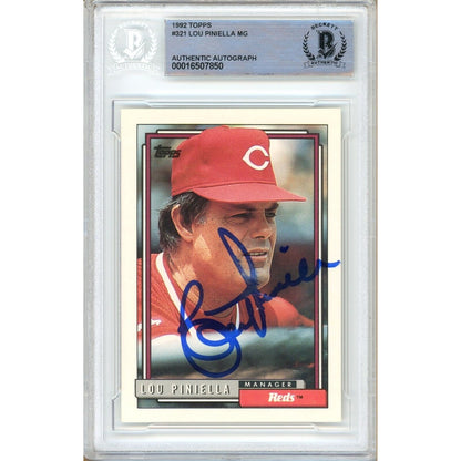 Baseballs- Autographed- Lou Piniella Cincinnati Reds Signed 1992 Topps Baseball Card Beckett Authentic Auto Slab Front