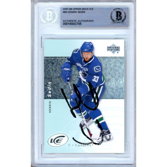 Hockey- Autographed- Henrik Sedin Vancouver Canucks Signed 2007-08 Upper Deck Ice Hockey Card Beckett Authentic Auto Slab Front