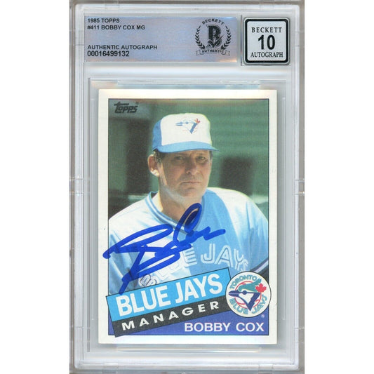 Baseballs- Autographed- Bobby Cox Toronto Blue Jays Signed 1985 Topps Baseball Card Beckett Authentic BGS Auto-10 Graded Slab Front