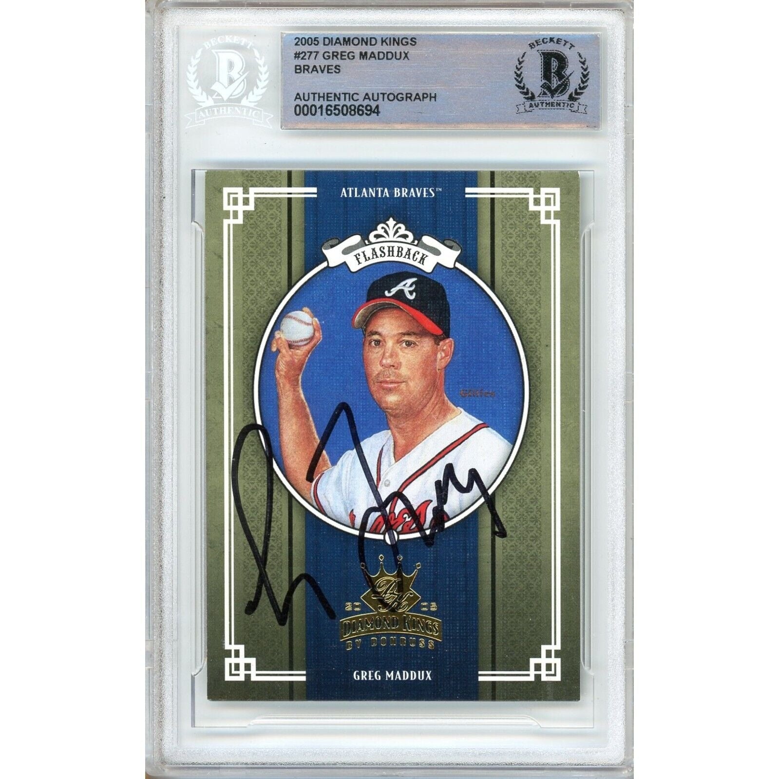 Baseballs- Autographed- Greg Maddux Atlanta Braves Signed 2005 Donruss Diamond Kings Baseball Card Beckett Authentic Auto Slab Front