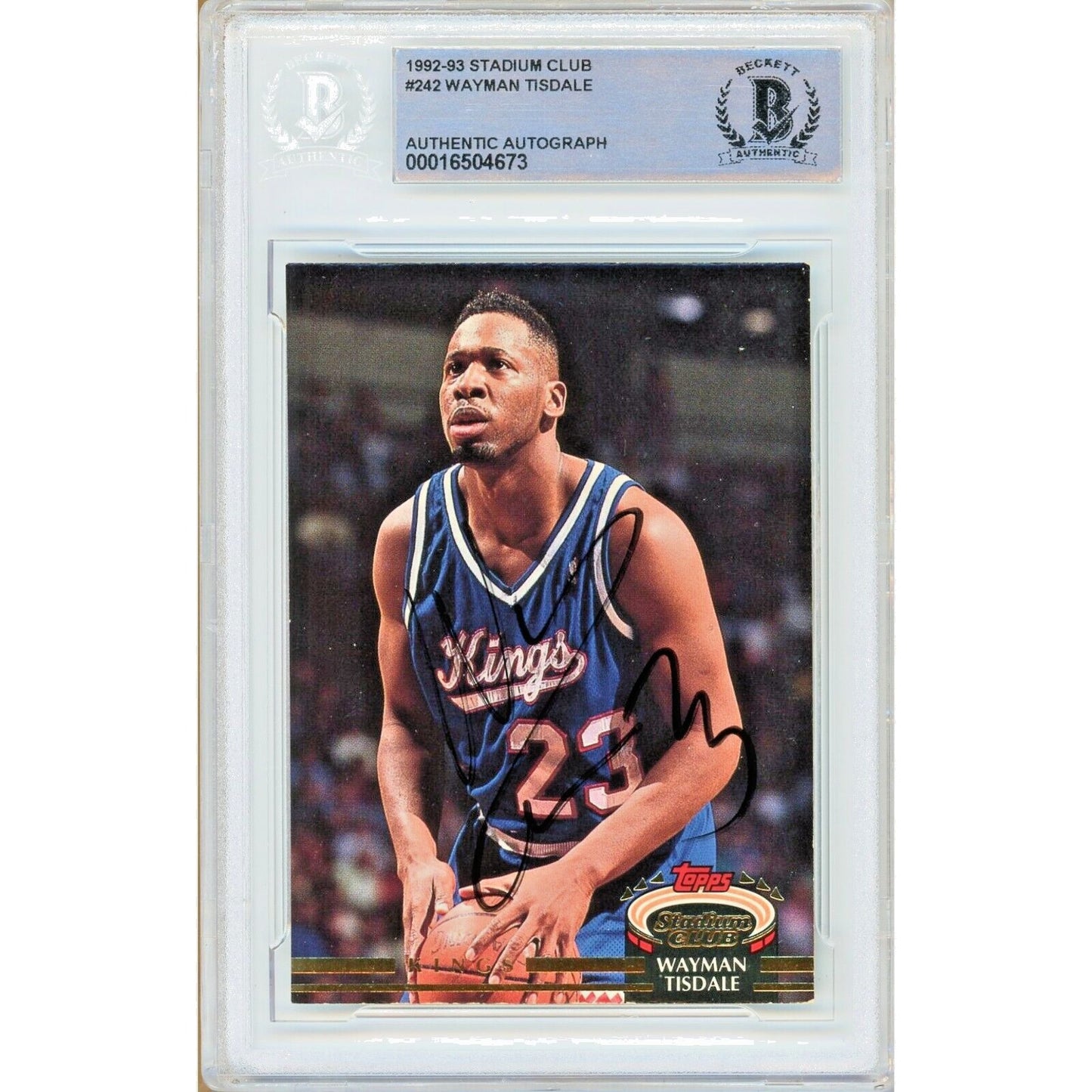 Basketballs- Autographed- Wayman Tisdale Sacramento Kings Signed 1992-93 Topps Stadium Club Trading Card Beckett Authentic Auto Slab Front