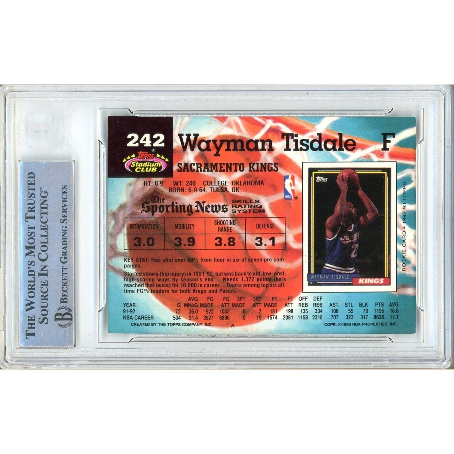 Basketballs- Autographed- Wayman Tisdale Sacramento Kings Signed 1992-93 Topps Stadium Club Trading Card Beckett Authentic Auto Slab Back