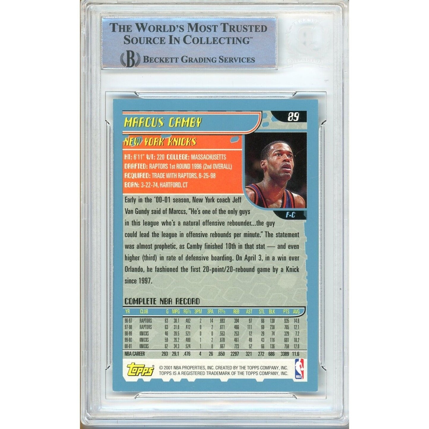 Basketballs- Autographed- Marcus Camby New York Knicks Signed 2001-02 Topps Basketball Card Beckett Authentic Auto Slab Back