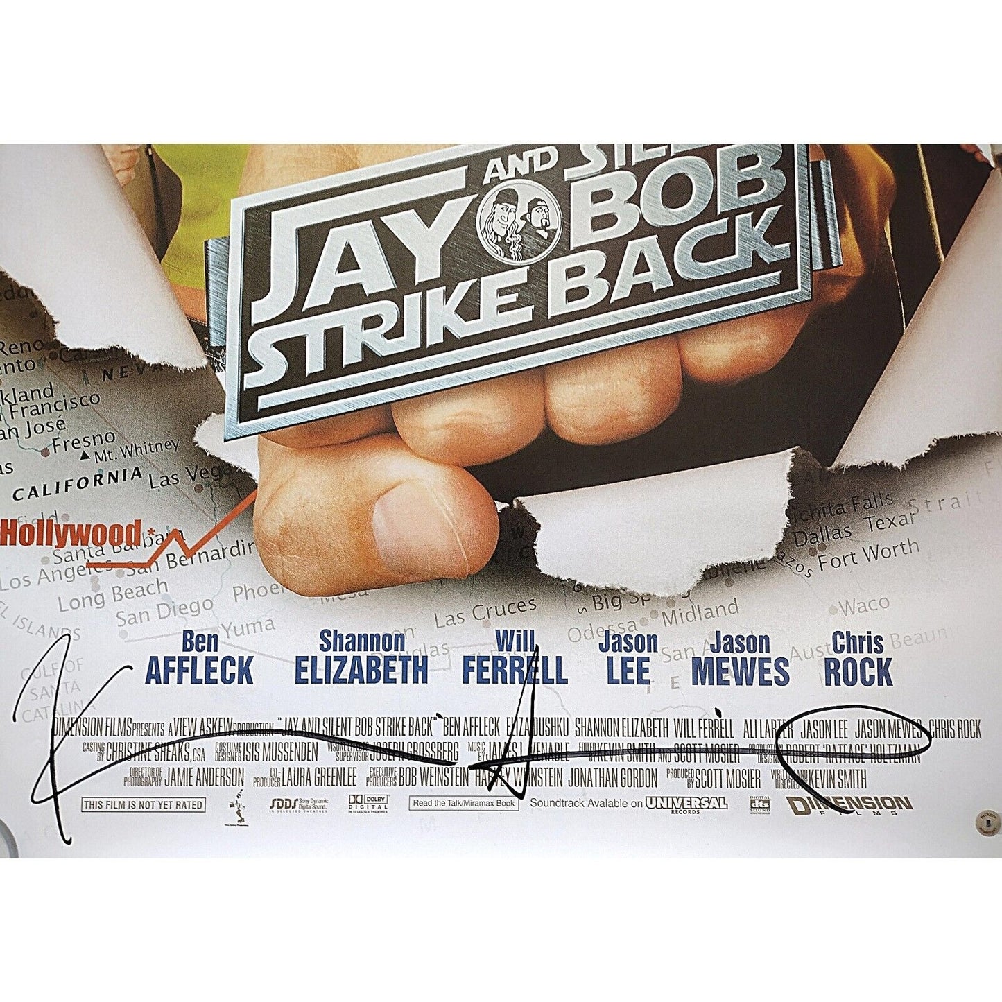 Hollywood- Autographed- Kevin Smith and Jason Mewes Signed Jay and Silent Bob Strike Back Movie Poster Beckett Authentic Auto - Kevin Smith Signature