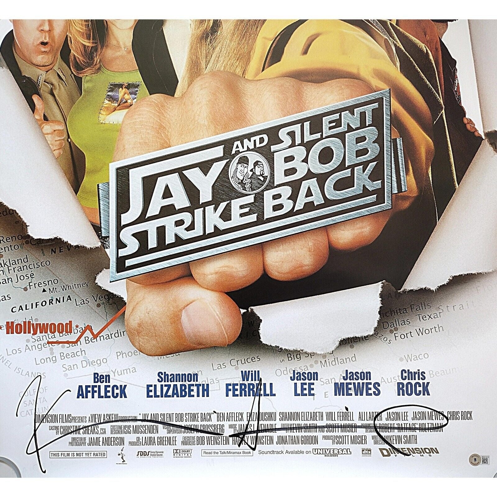 Hollywood- Autographed- Kevin Smith and Jason Mewes Signed Jay and Silent Bob Strike Back Movie Poster Beckett Authentic Auto Kevin Smith Signature