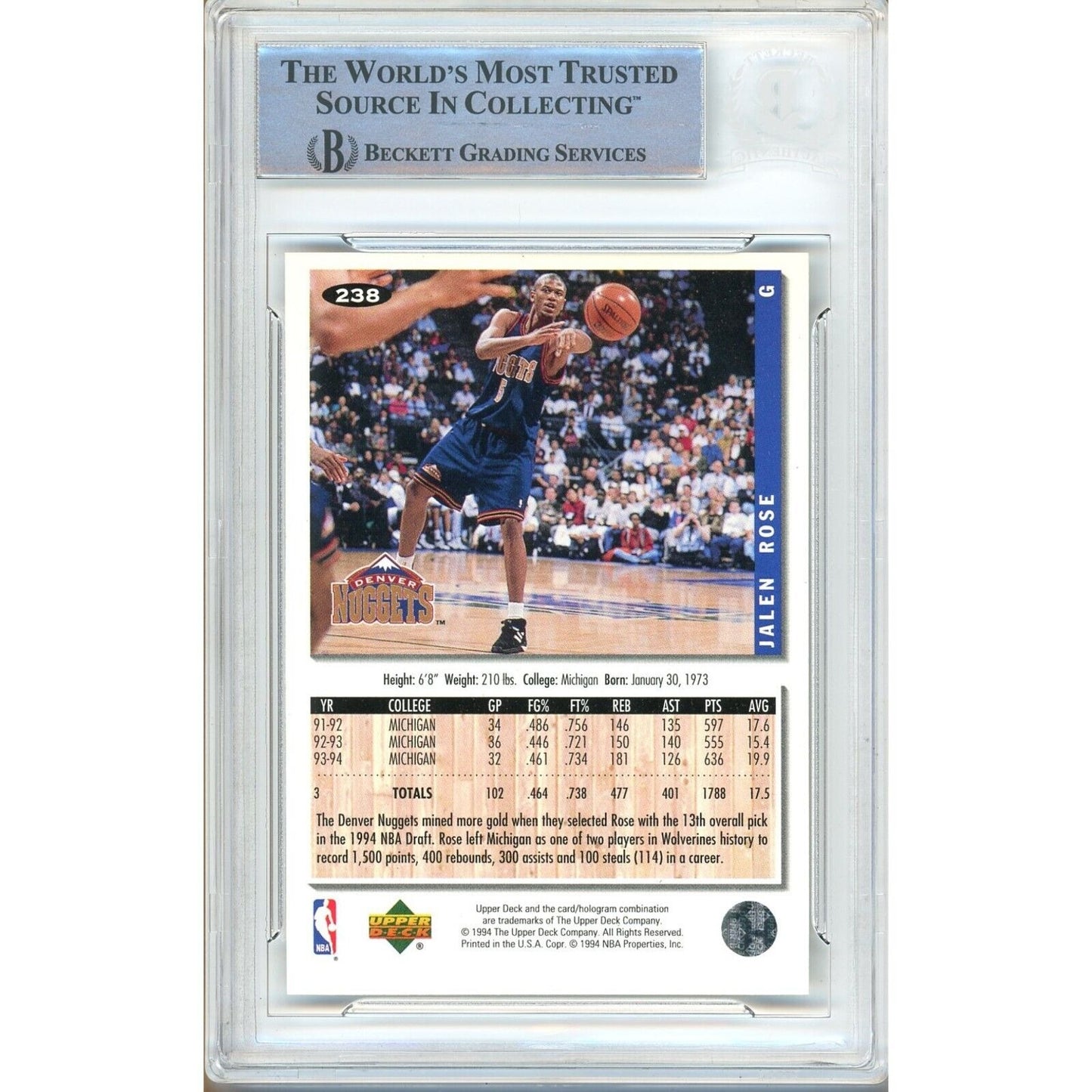 Basketballs- Autographed- Jalen Rose Denver Nuggets Signed 1994-95 Collectors Choice Silver Signature Basketball Rookie Card Beckett Authentic Auto Slab Back