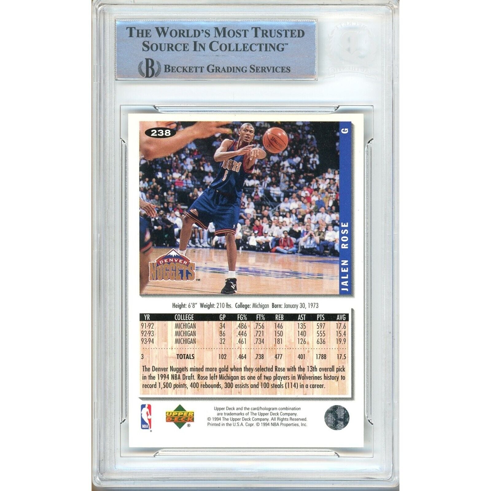Jalen Rose Denver Nuggets signed trading card – signature close-up – Beckett COA