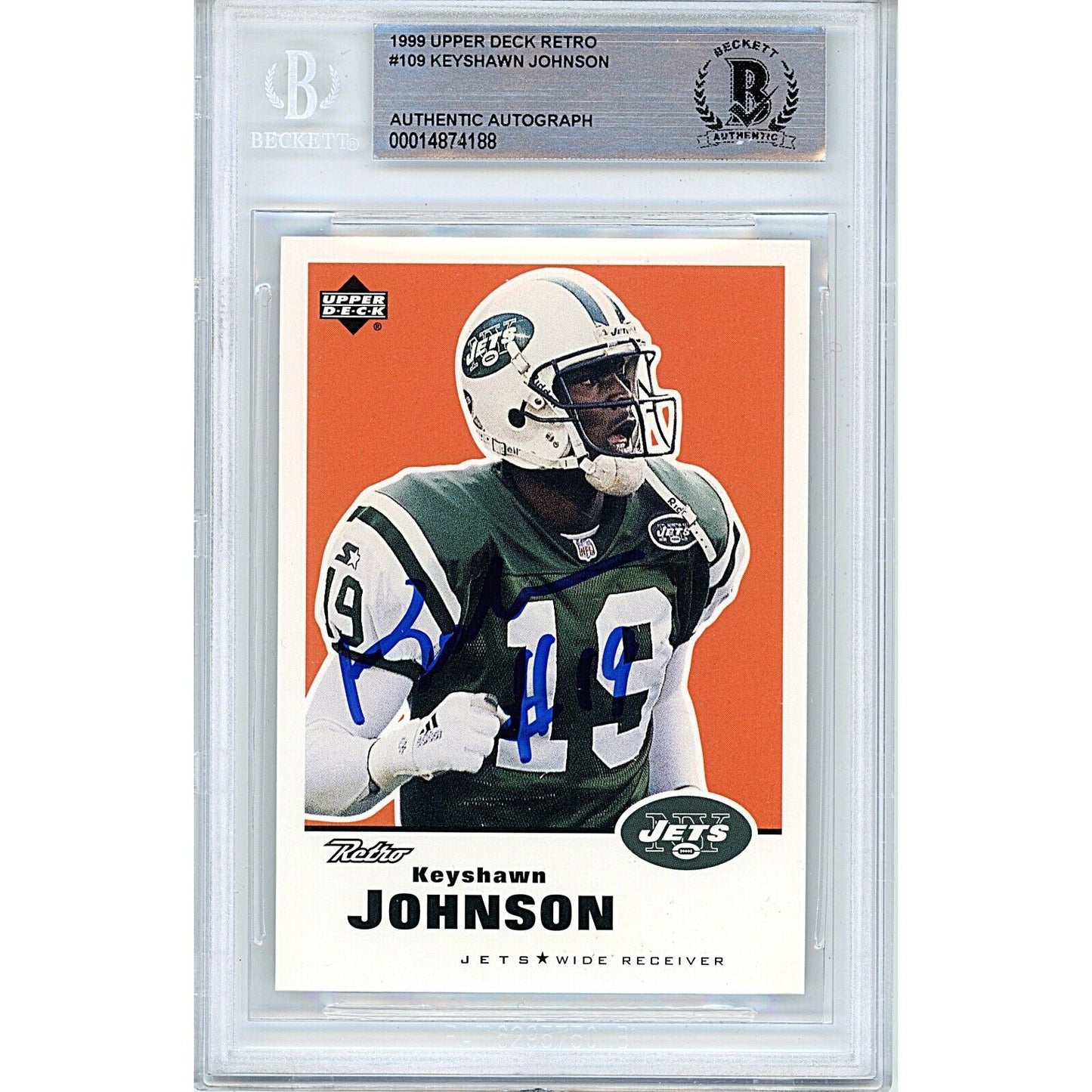 Footballs- Autographed- Keyshawn Johnson New York Jets Signed 1999 Upper Deck Retro Football Card Beckett Authentic Auto Slab Front