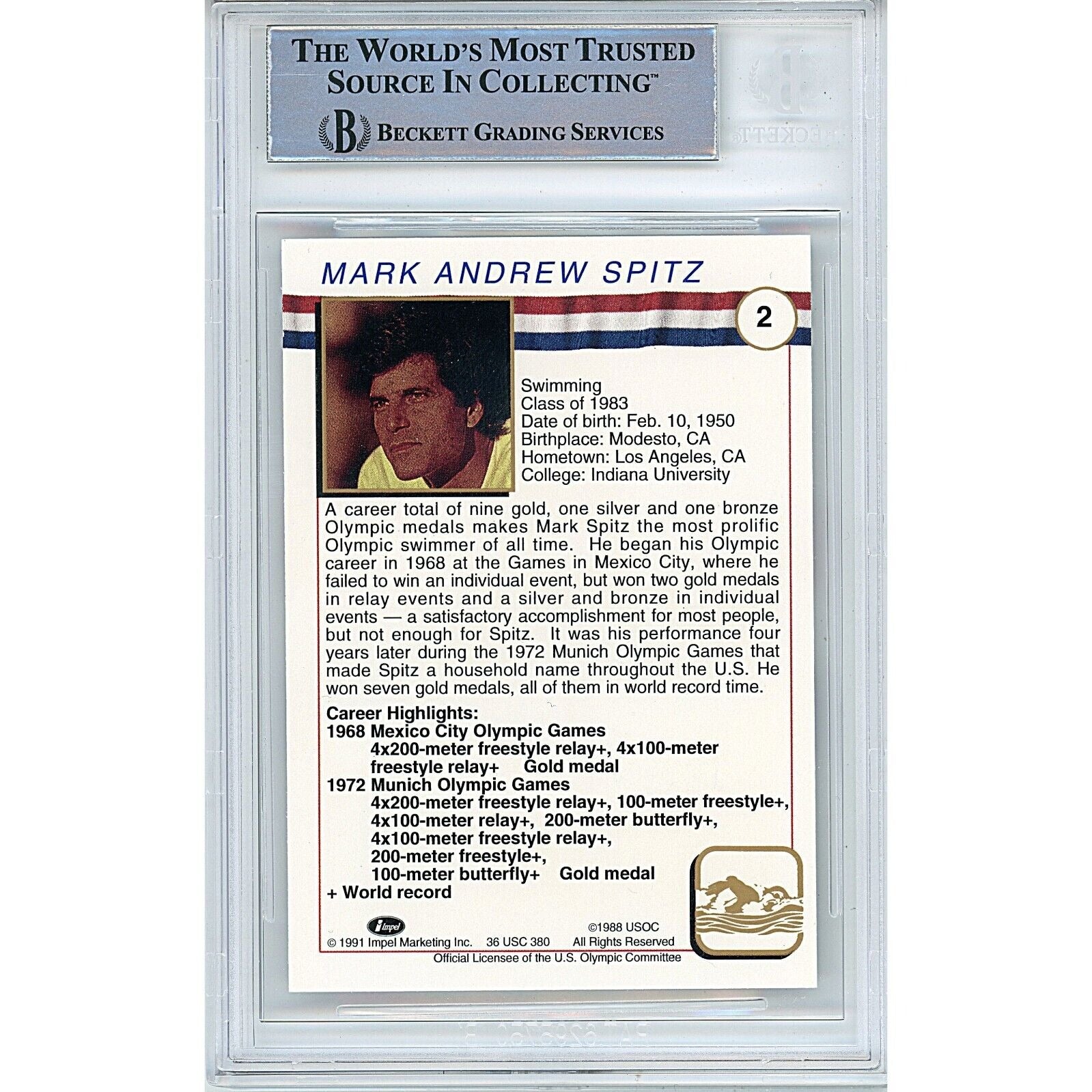 Olympics- Autographed- Mark Spitz Team USA Signed 1991 Impel US Olympic Cards Beckett Authentic Auto Slab Back