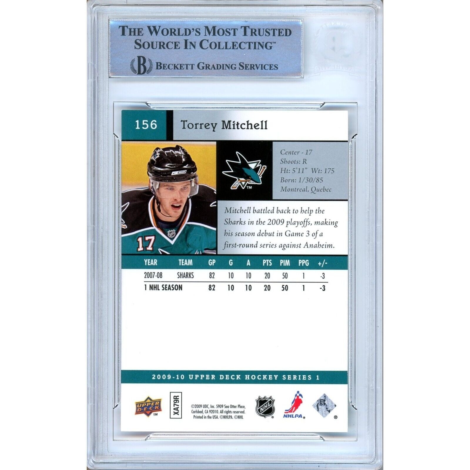 Torrey Mitchell San Jose Sharks signed trading card – signature close-up – Beckett COA