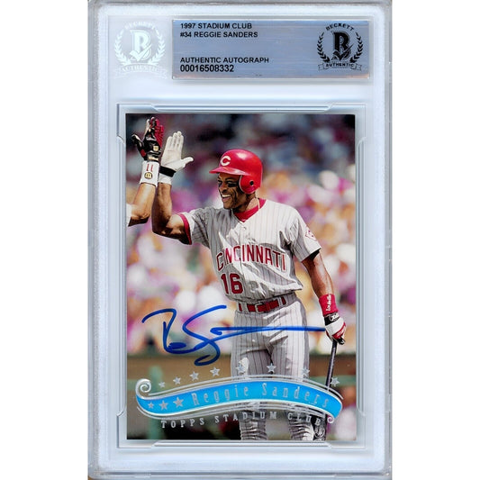 Baseballs- Autographed- Reggie Sanders Cincinnati Reds Signed 1997 Topps Stadium Club Trading Card Beckett Authentic Auto Slab Front