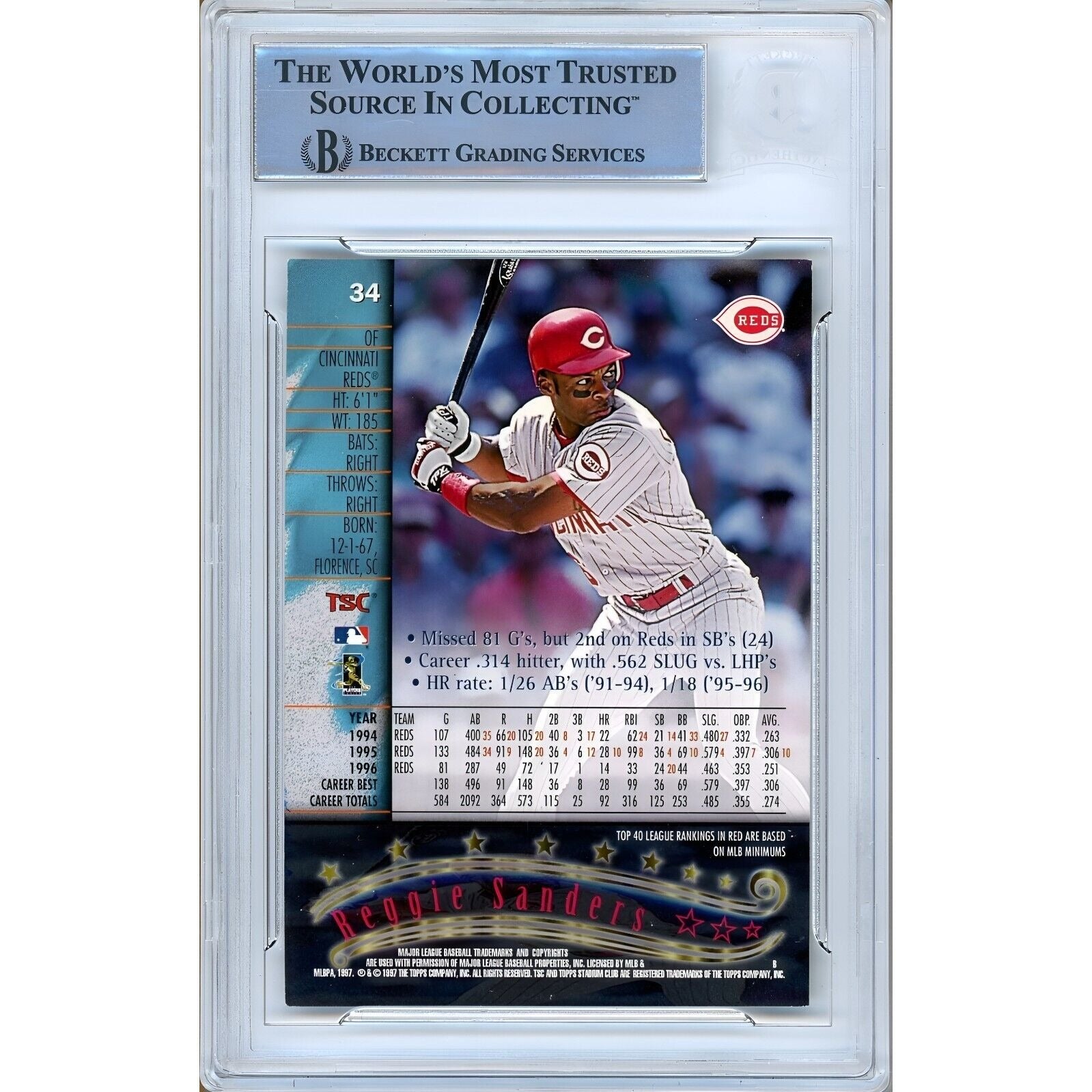 Reggie Sanders Cincinnati Reds signed trading card – signature close-up – Beckett COA