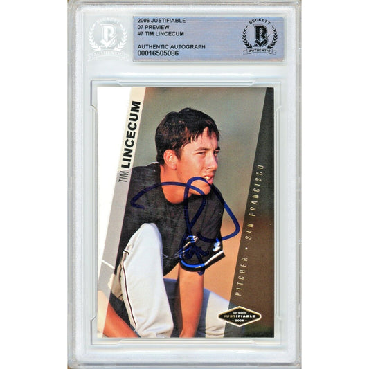 Baseballs- Autographed- Tim Lincecum San Francisco Giants Signed 2006 Justifiable '07 Preview Rookie Trading Card Beckett Authentic Auto Slab Front