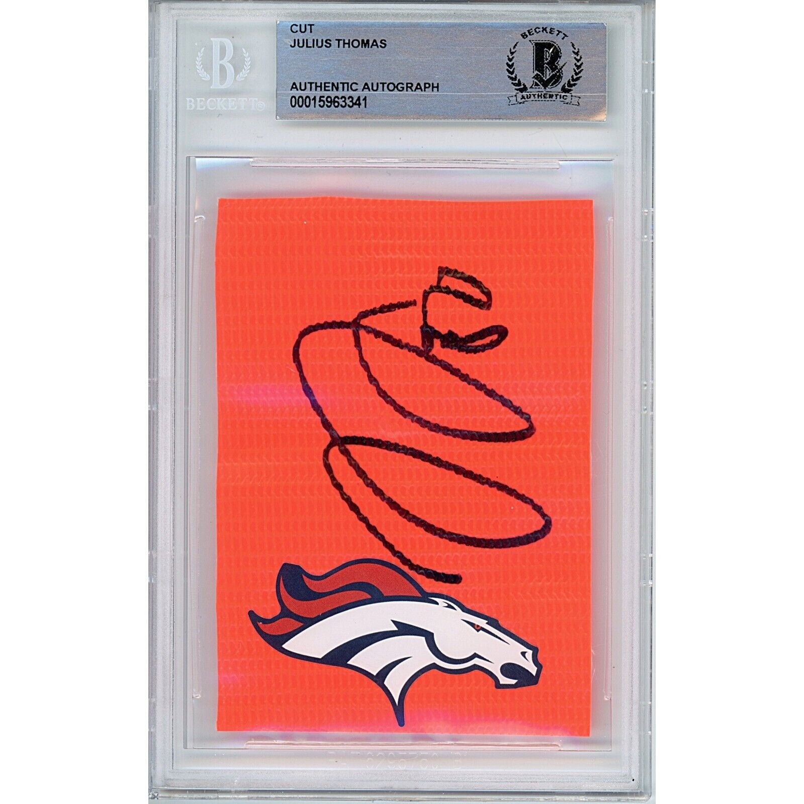 Footballs- Autographed- Julius Thomas Denver Broncos Signed Football End Zone Pylon Signature Cut Beckett Authentic Auto Slab Front