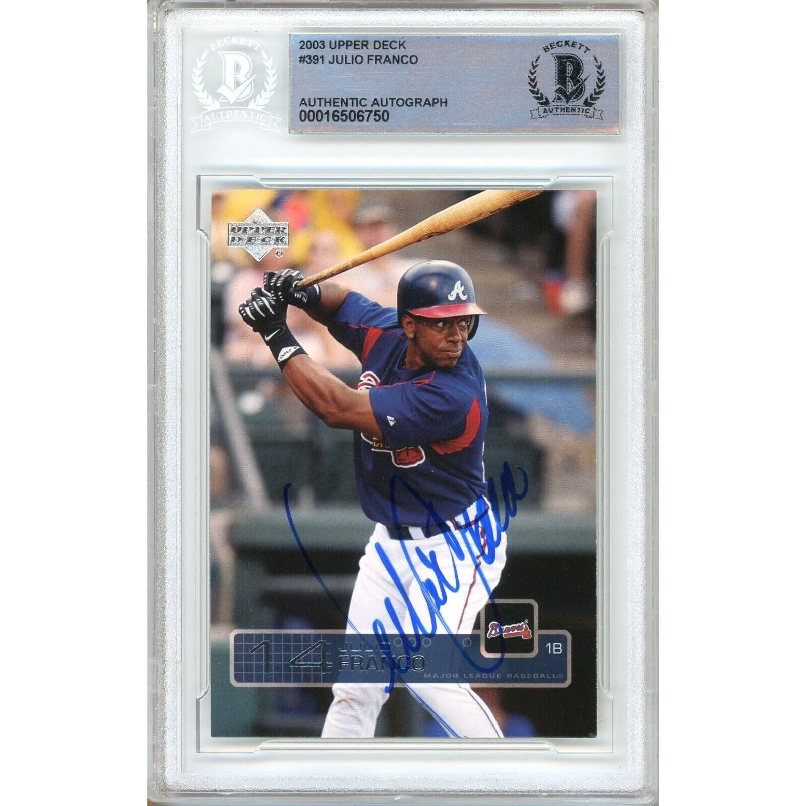 Julio Franco Atlanta Braves autographed trading card – full view – Beckett COA
