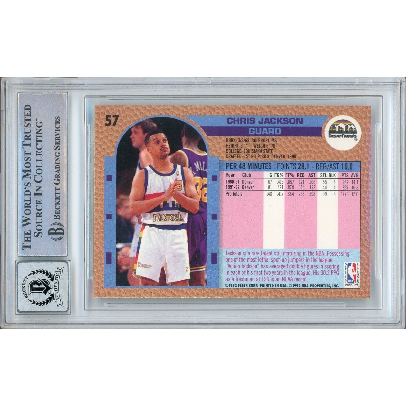 Basketballs- Autographed- Chris Jackson aka Mahmoud Abdul Rauf Denver Nuggets Signed 1992-93 Fleer Basketball Card Beckett Authentic BGS Auto-10 Graded Slab Back