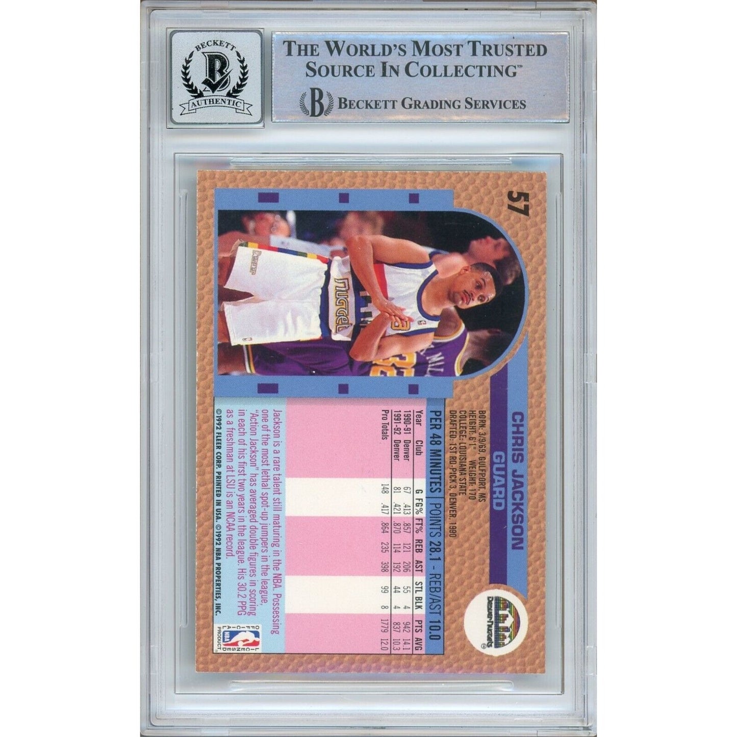 Basketballs- Autographed- Chris Jackson aka Mahmoud Abdul Rauf Denver Nuggets Signed 1992-93 Fleer Basketball Card Beckett Authenticated BGS Auto-10 Graded Slab Back