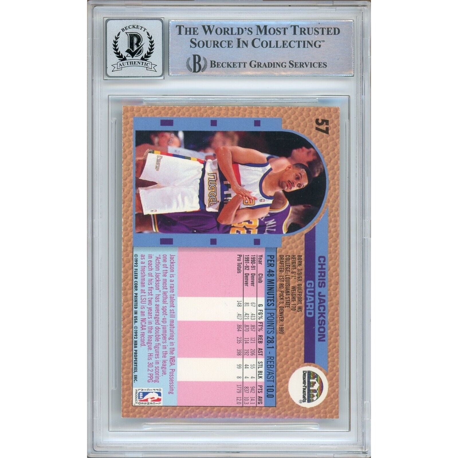 1992 Fleer #57 Chris Jackson Denver Nuggets Autograph Trading Card – Beckett BAS