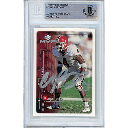 Footballs- Autographed- Champ Bailey Georgia Bulldogs Signed 1999 Upper Deck MVP Rookie Football Card Beckett Authentic Auto Slab Front