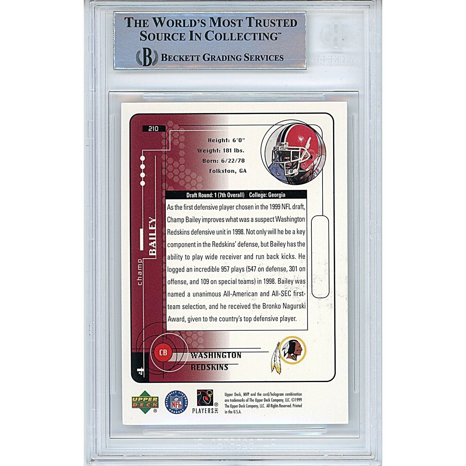 Footballs- Autographed- Champ Bailey Georgia Bulldogs Signed 1999 Upper Deck MVP Rookie Football Card Beckett Authentic Auto Slab Back