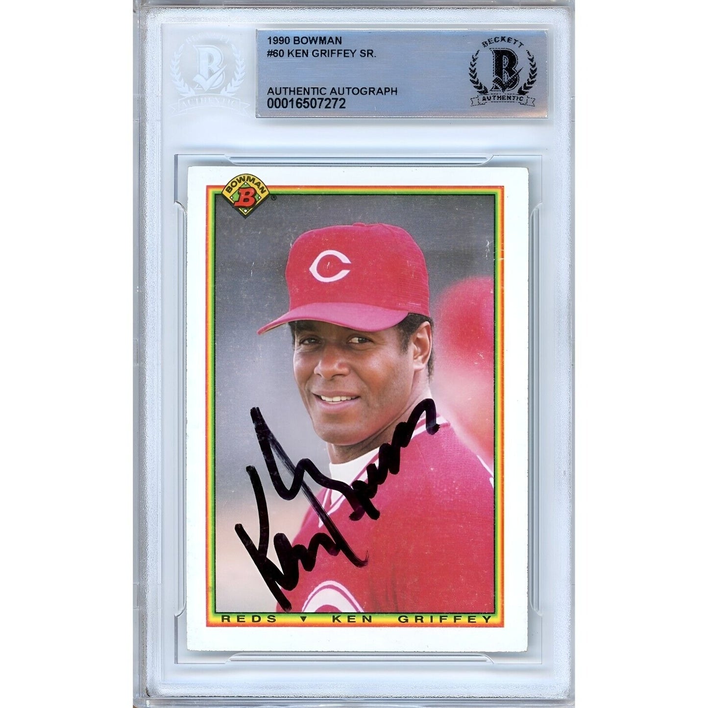 Baseballs- Autographed- Ken Griffey Sr Cincinnati Reds Signed 1990 Bowman Baseball Card Beckett Authentic Auto Slab Front