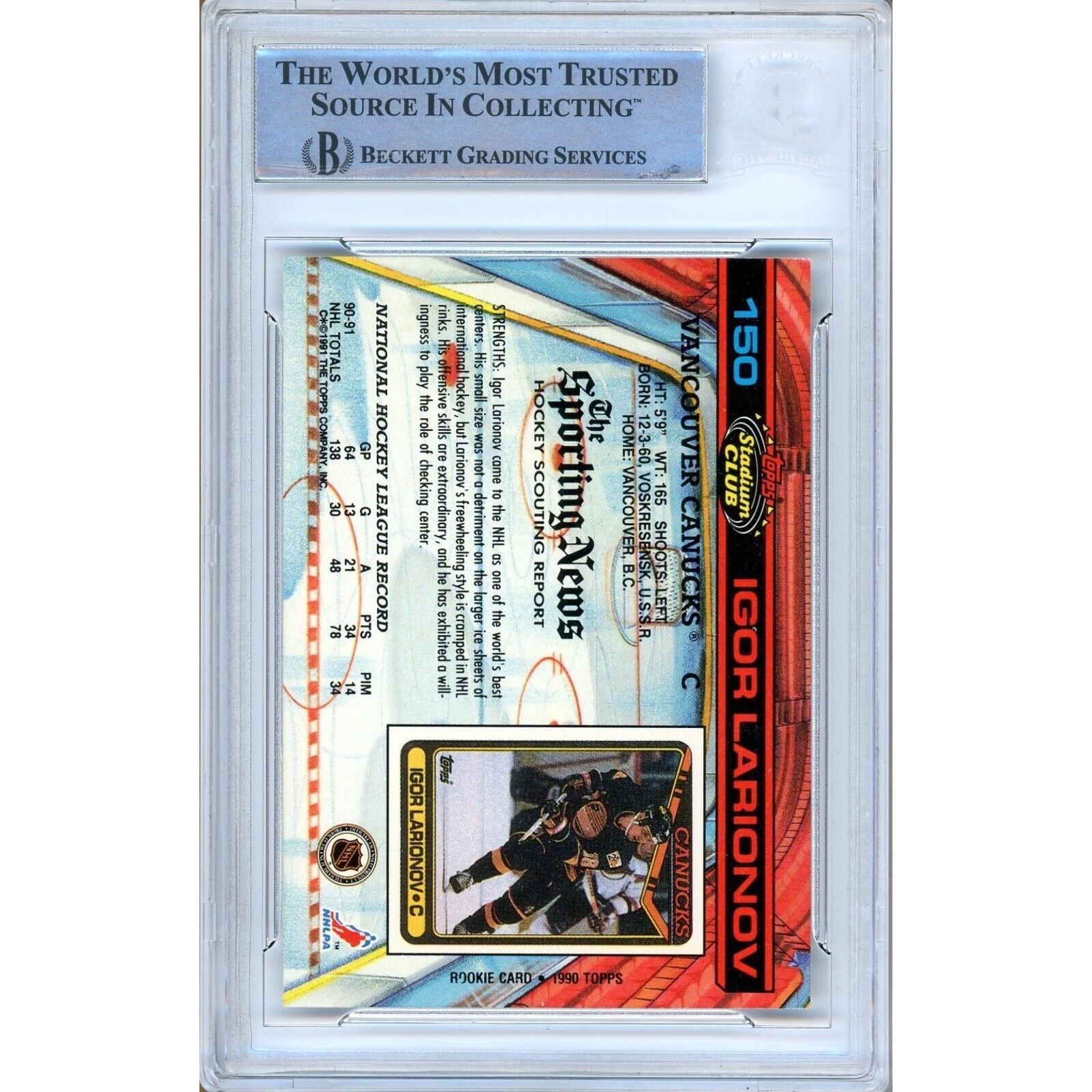 Igor Larionov Vancouver Canucks auto trading card – authentication sticker – Beckett COA