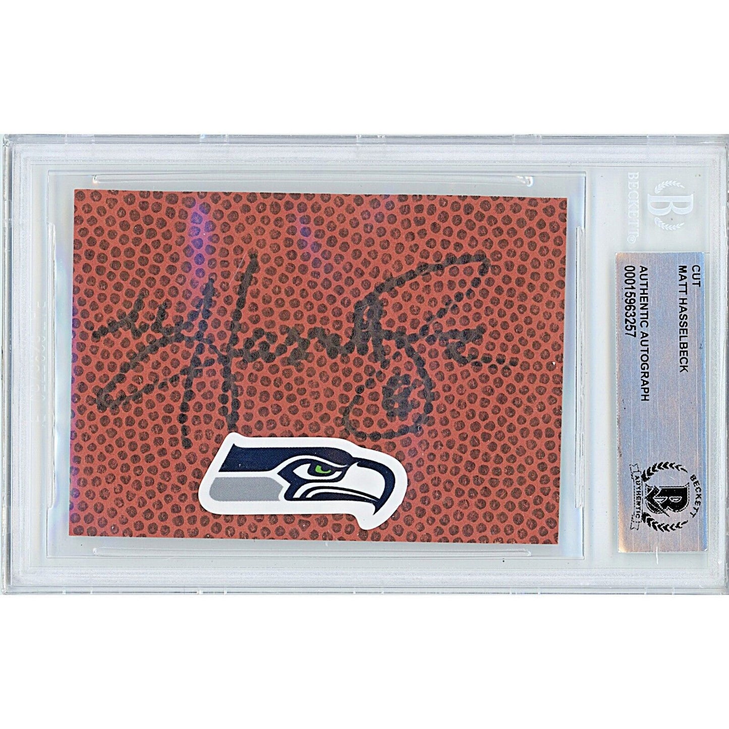 Footballs- Autographed- Matt Hasselbeck Signed Seattle Seahawks Football Signature Cut Beckett Authentic Auto Slab Front