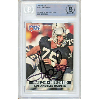 Footballs- Autographed- Howie Long Las Vegas Raiders Signed 1991 NFL Pro Set Football Card Beckett Authentic Auto Slab Front