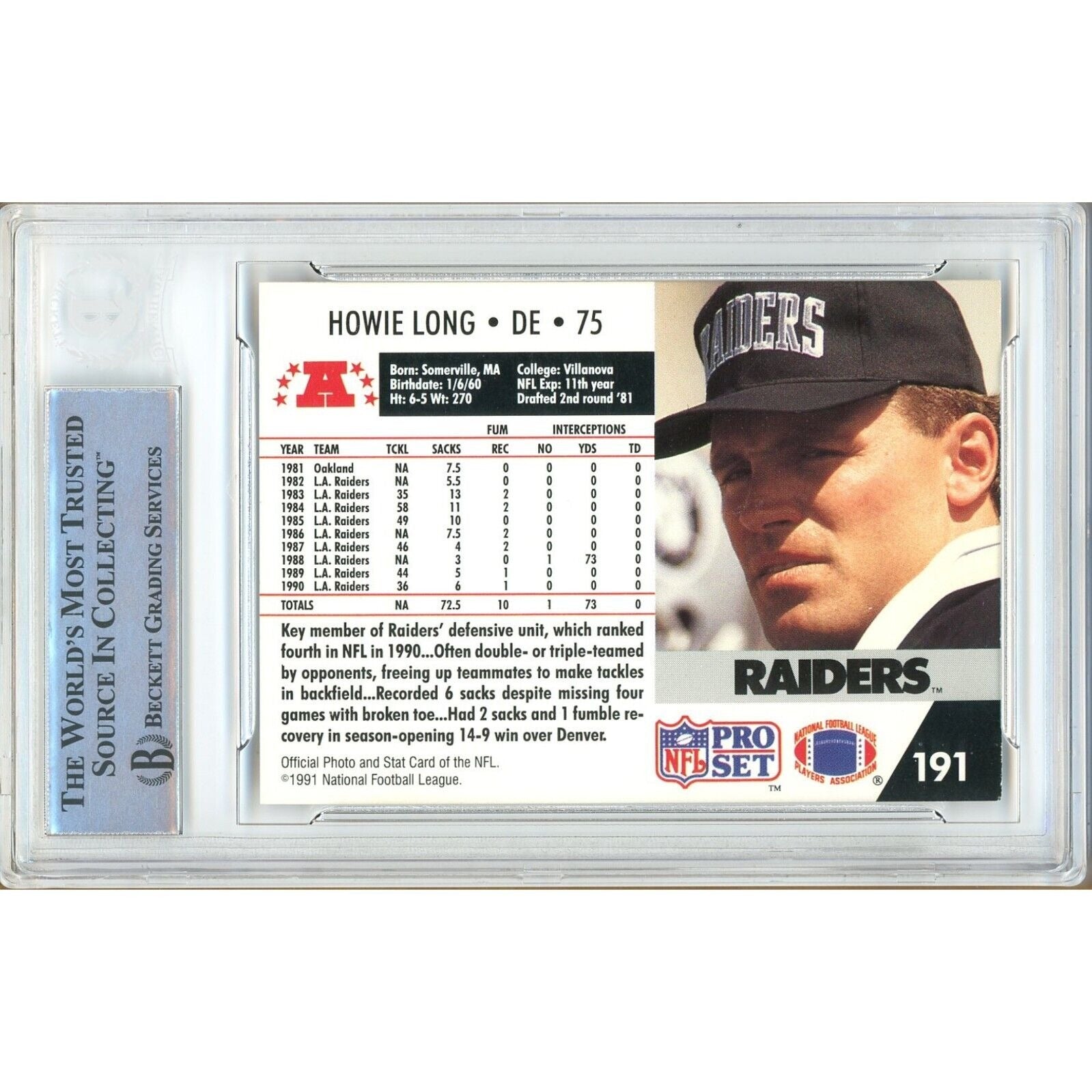 Footballs- Autographed- Howie Long Las Vegas Raiders Signed 1991 NFL Pro Set Football Card Beckett Authentic Auto Slab Back