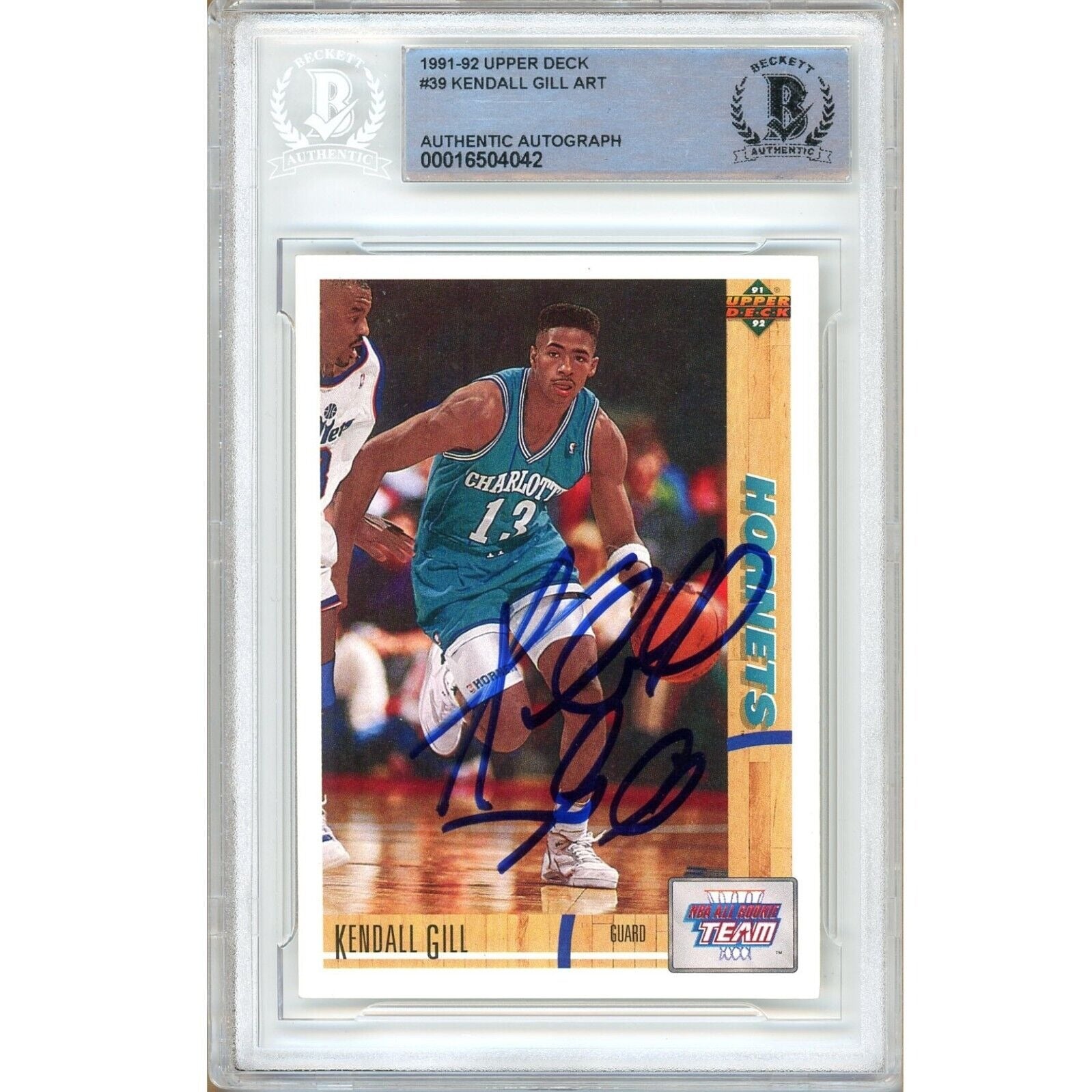 Kendall Gill Charlotte Hornets autographed trading card – full view – Beckett COA