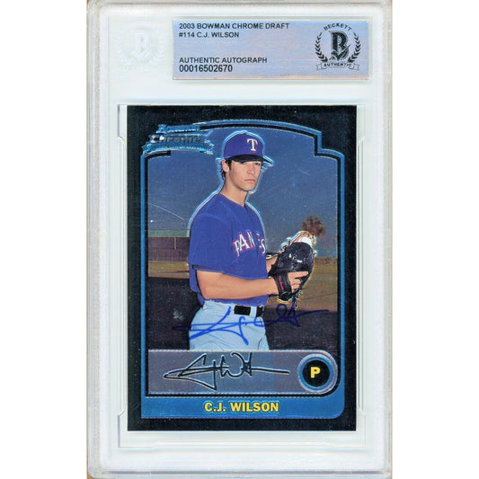 Baseballs- Autographed- CJ Wilson Texas Rangers Signed 2003 Bowman Chrome Draft Rookie Card Beckett Authentic Auto Slab Front