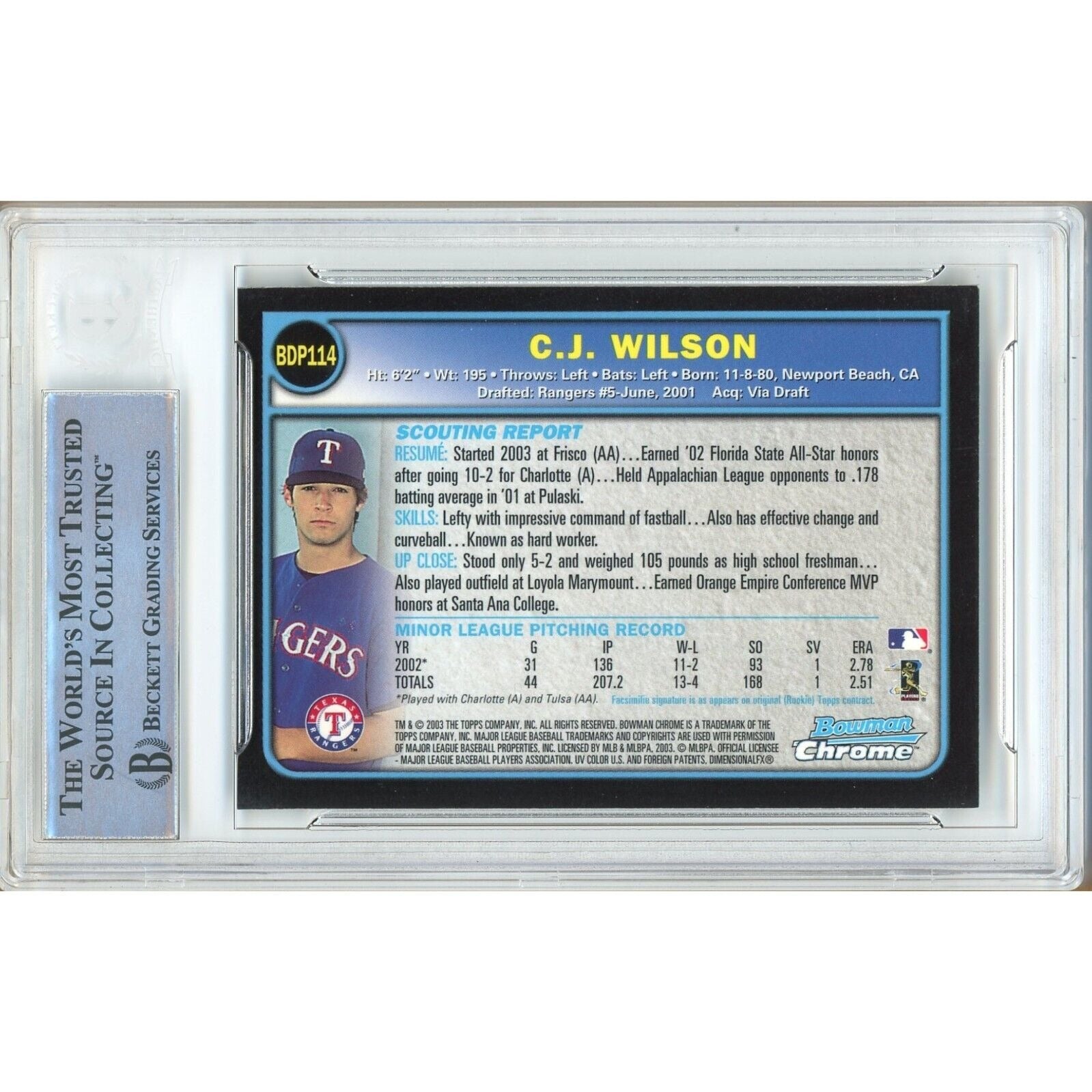 Baseballs- Autographed- CJ Wilson Texas Rangers Signed 2003 Bowman Chrome Draft Rookie Card Beckett Authentic Auto Slab Back