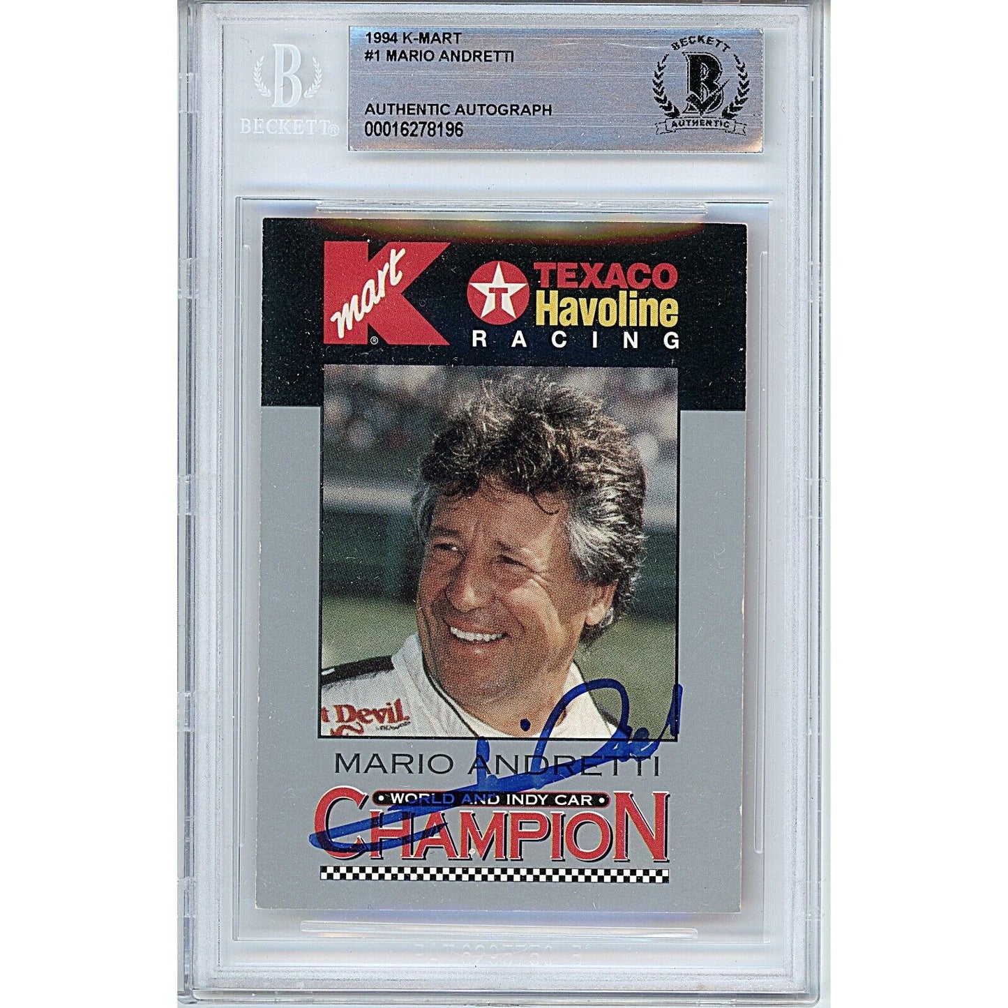 Nascar- Autographed- Mario Andretti Signed 1994 KMart Racing Trading Card Beckett Authentic Auto Slab Front