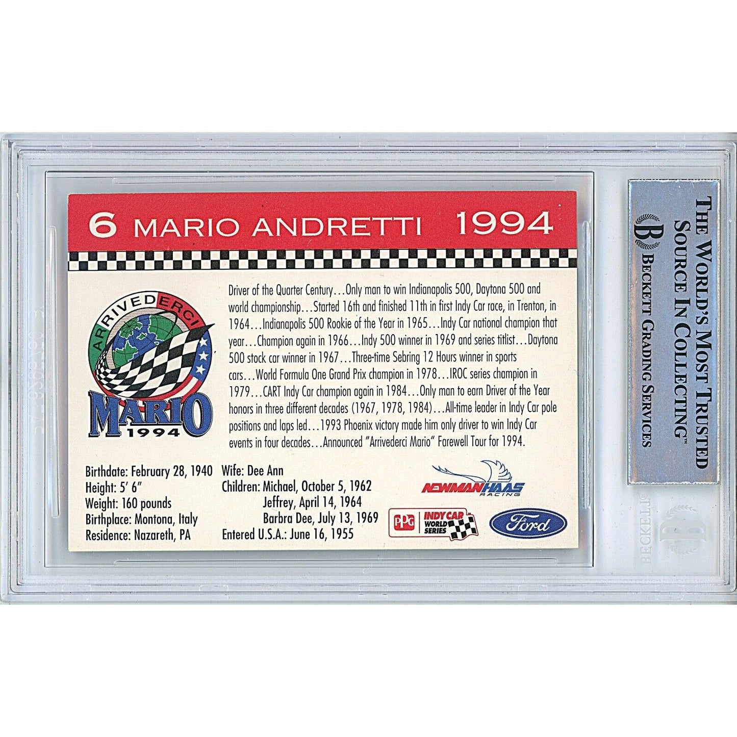 Nascar- Autographed- Mario Andretti Signed 1994 KMart Racing Trading Card Beckett Authentic Auto Slab Back