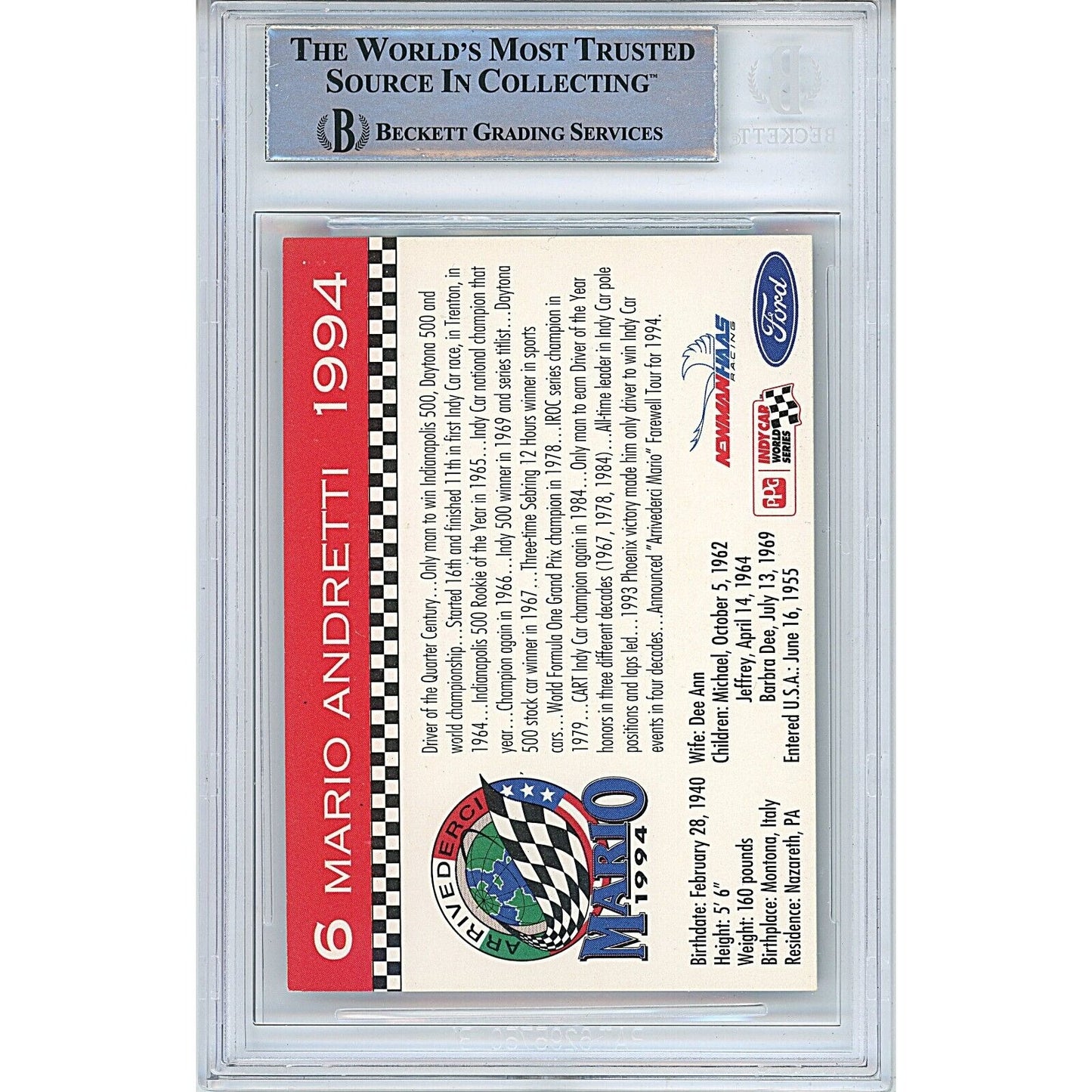 Nascar- Autographed- Mario Andretti Signed 1994 KMart Racing Trading Card Beckett Authenticated Auto Slab Back