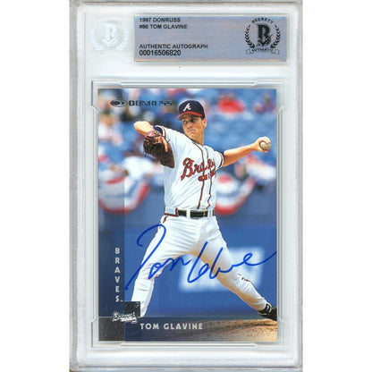 Baseballs- Autographed- Tom Glavine Atlanta Braves Signed 1997 Donruss Trading Card Beckett Authentic Auto Slab Front