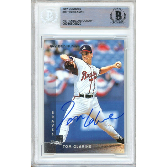 Baseballs- Autographed- Tom Glavine Atlanta Braves Signed 1997 Donruss Trading Card Beckett Authentic Auto Slab Front