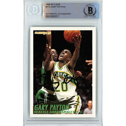 Basketballs- Autographed- Gary Payton Seattle Supersonics Signed 1994-95 Fleer Basketball Card Beckett Authentic Auto Slab Front