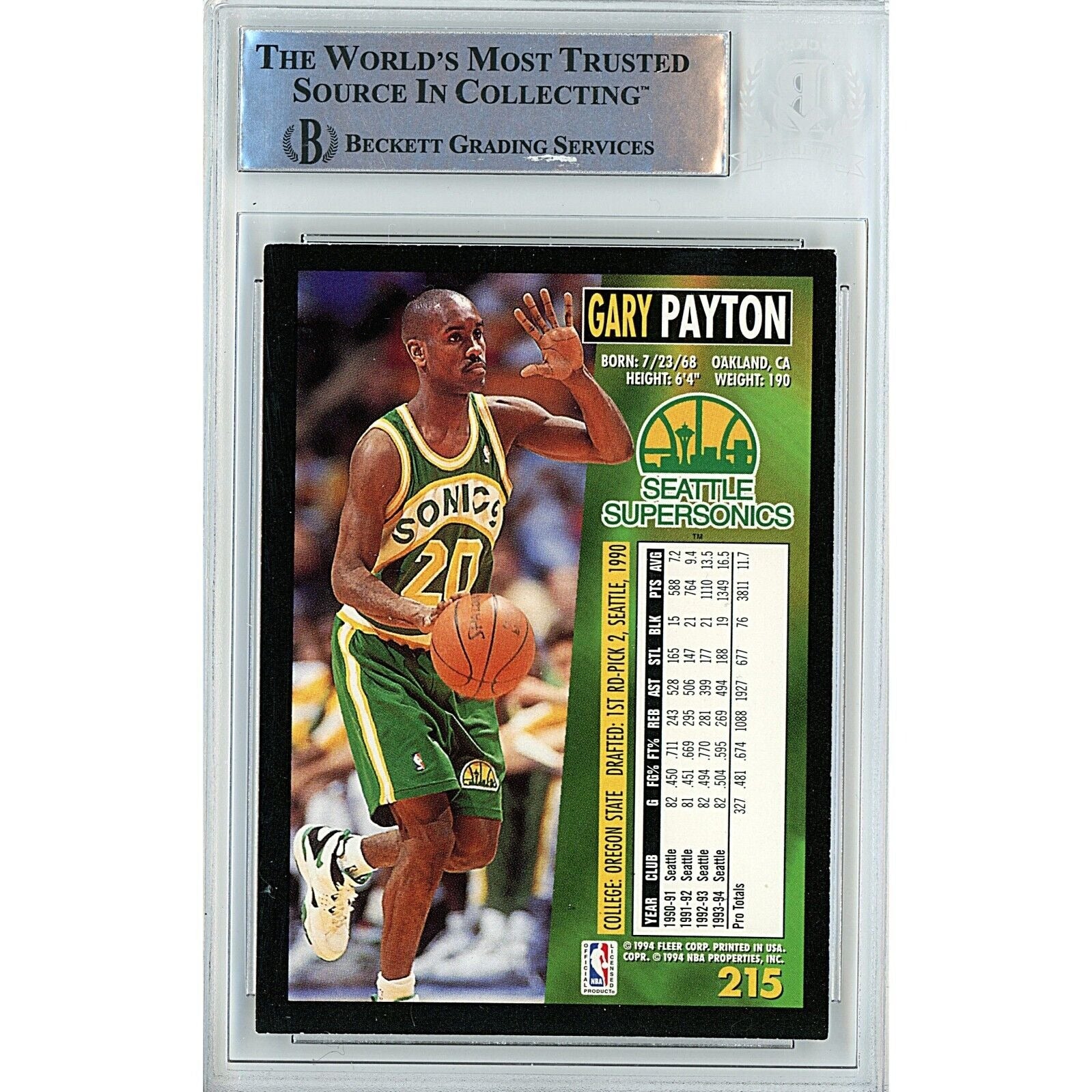 Basketballs- Autographed- Gary Payton Seattle Supersonics Signed 1994-95 Fleer Basketball Card Beckett Authentic Auto Slab Back