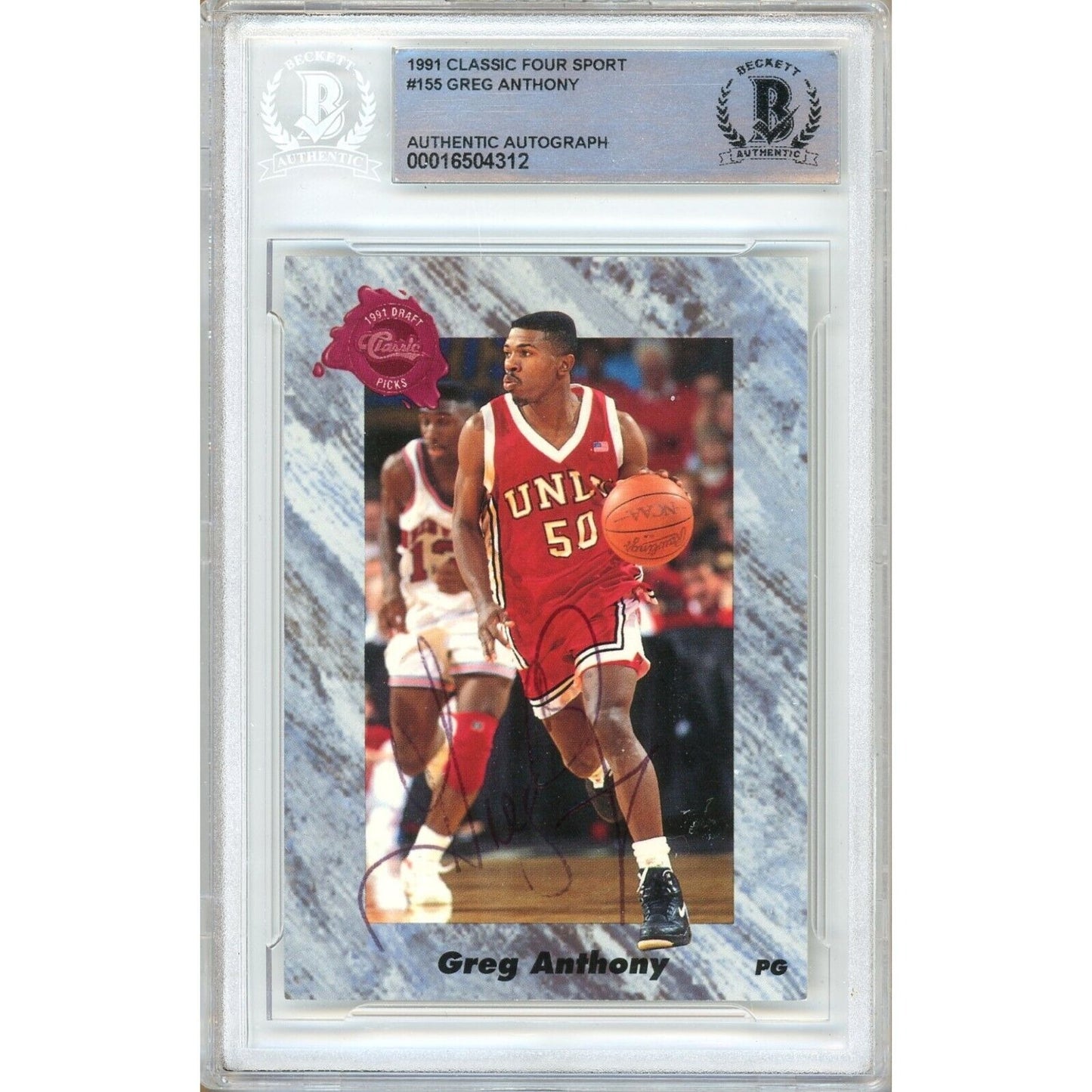 Basketballs- Autographed- Greg Anthony UNLV Runnin' Rebels Signed 1991 Classic 4-Sport Rookie Card Beckett Authentic Auto Slab Front