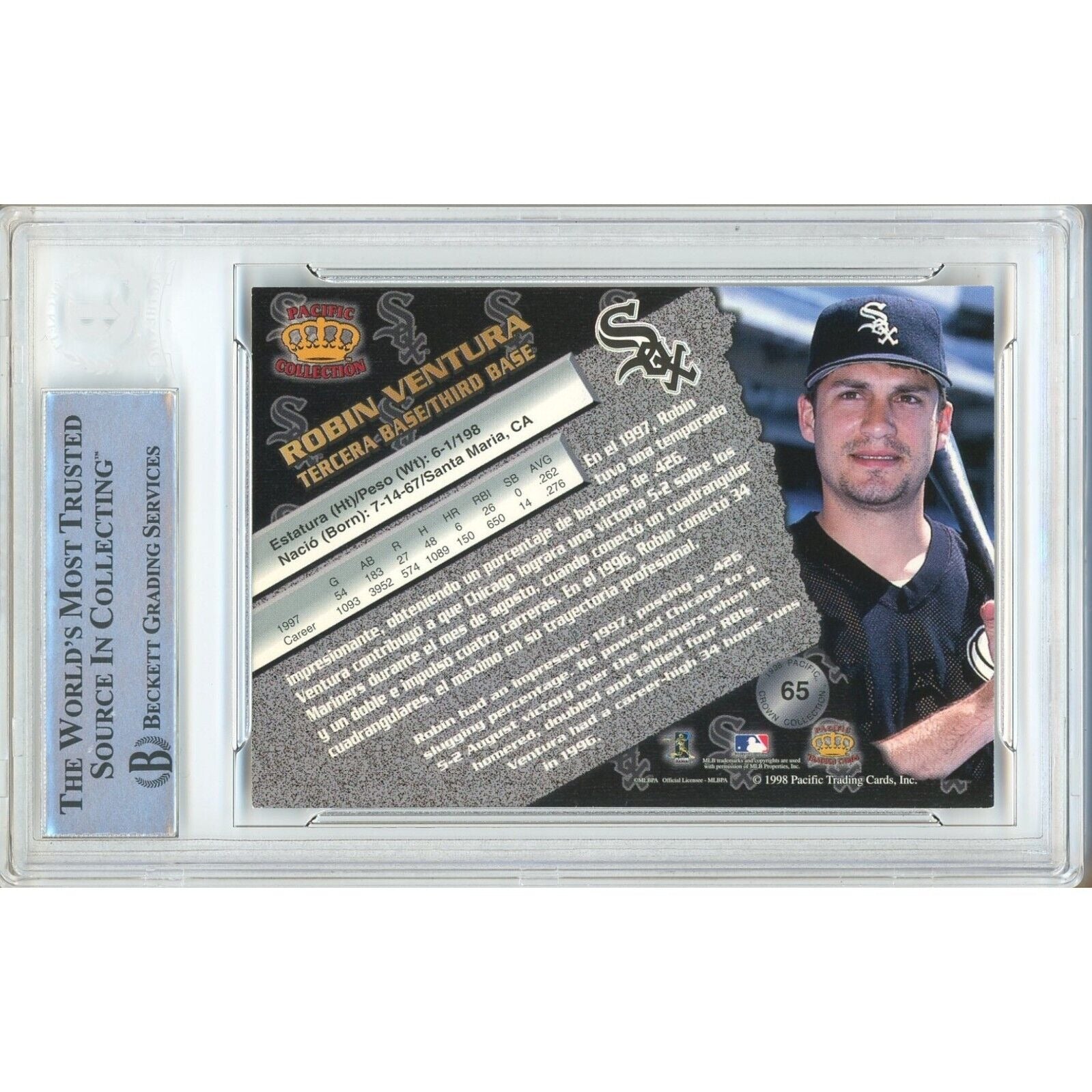 Baseballs- Autographed- Robin Ventura Chicago White Sox Signed 1998 Pacific Trading Card Beckett Authentic Auto Slab Back