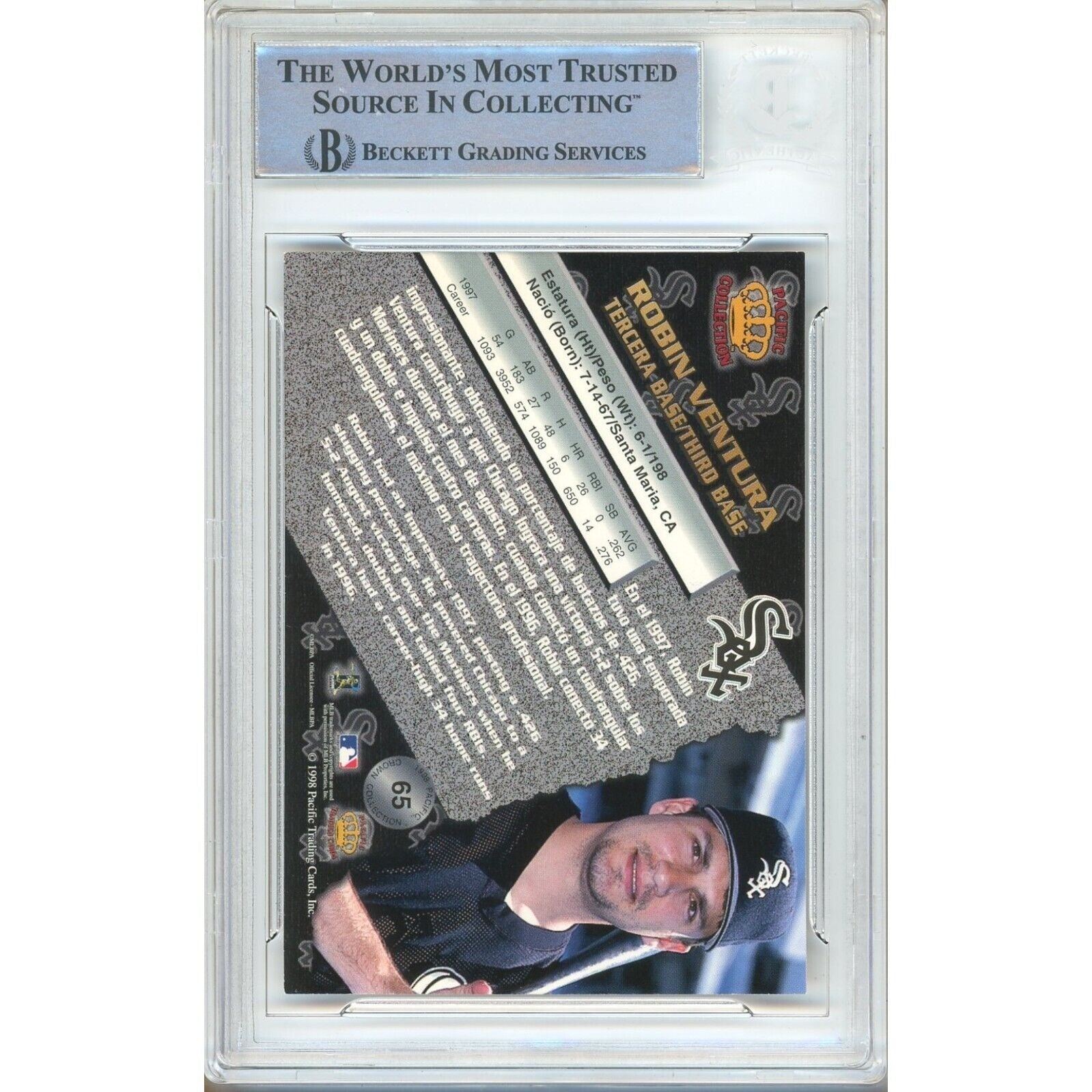 Baseballs- Autographed- Robin Ventura Chicago WhiteSox Signed 1998 Pacific Trading Card Beckett Authentic Auto Slab Back