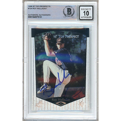 Baseballs- Autographed- Roy Halladay Phillies Signed 1998 Upper Deck SP Top Prospects Rookie Card Beckett Authentic BGS Auto-10 Graded Slab Front