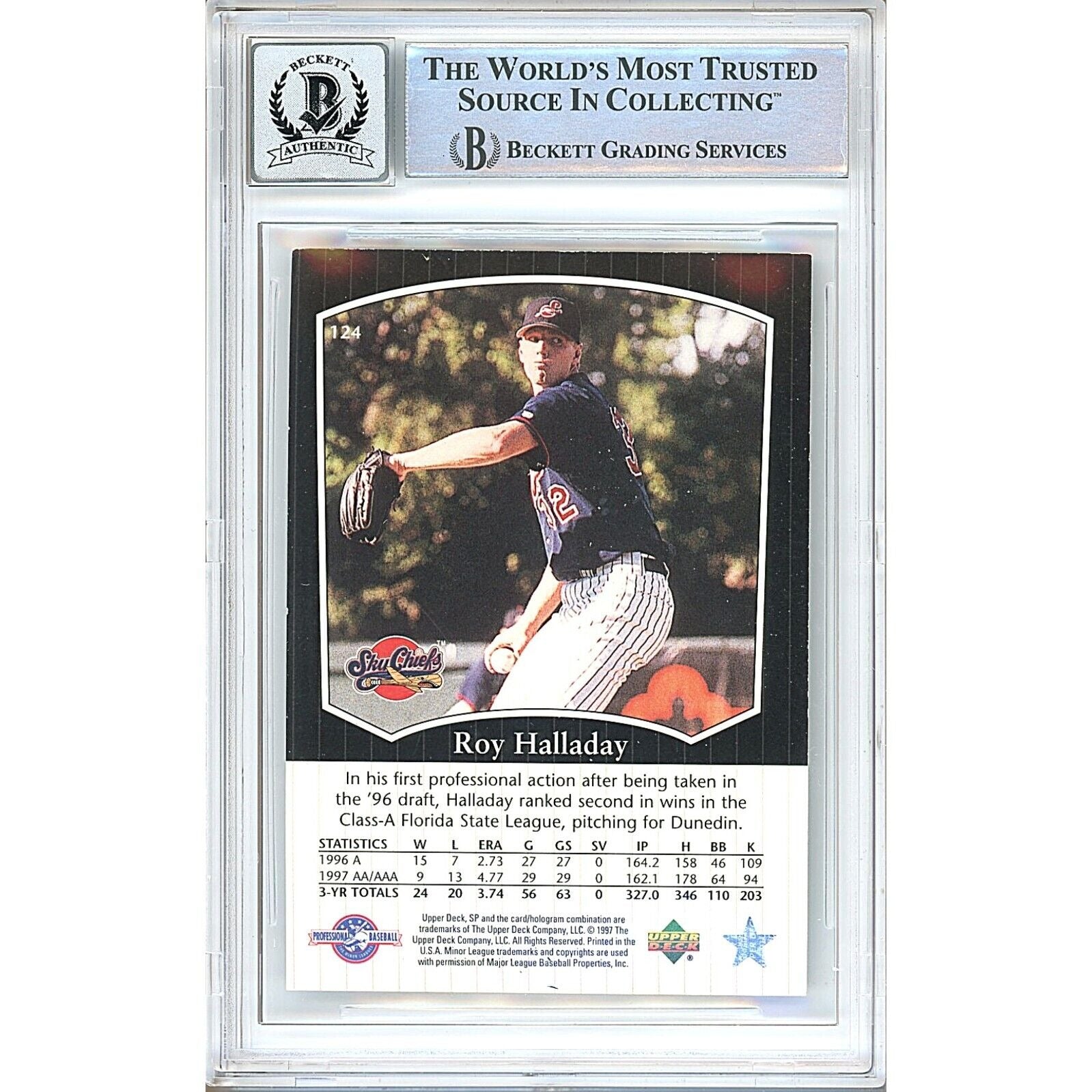 Baseballs- Autographed- Roy Halladay Phillies Signed 1998 Upper Deck SP Top Prospects Rookie Card Beckett Authentic BGS Auto-10 Graded Slab Back