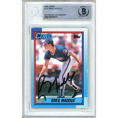 Baseballs- Autographed- Greg Maddux Chicago Cubs Signed 1990 Topps Baseball Card Beckett Authentic Auto Slab Front