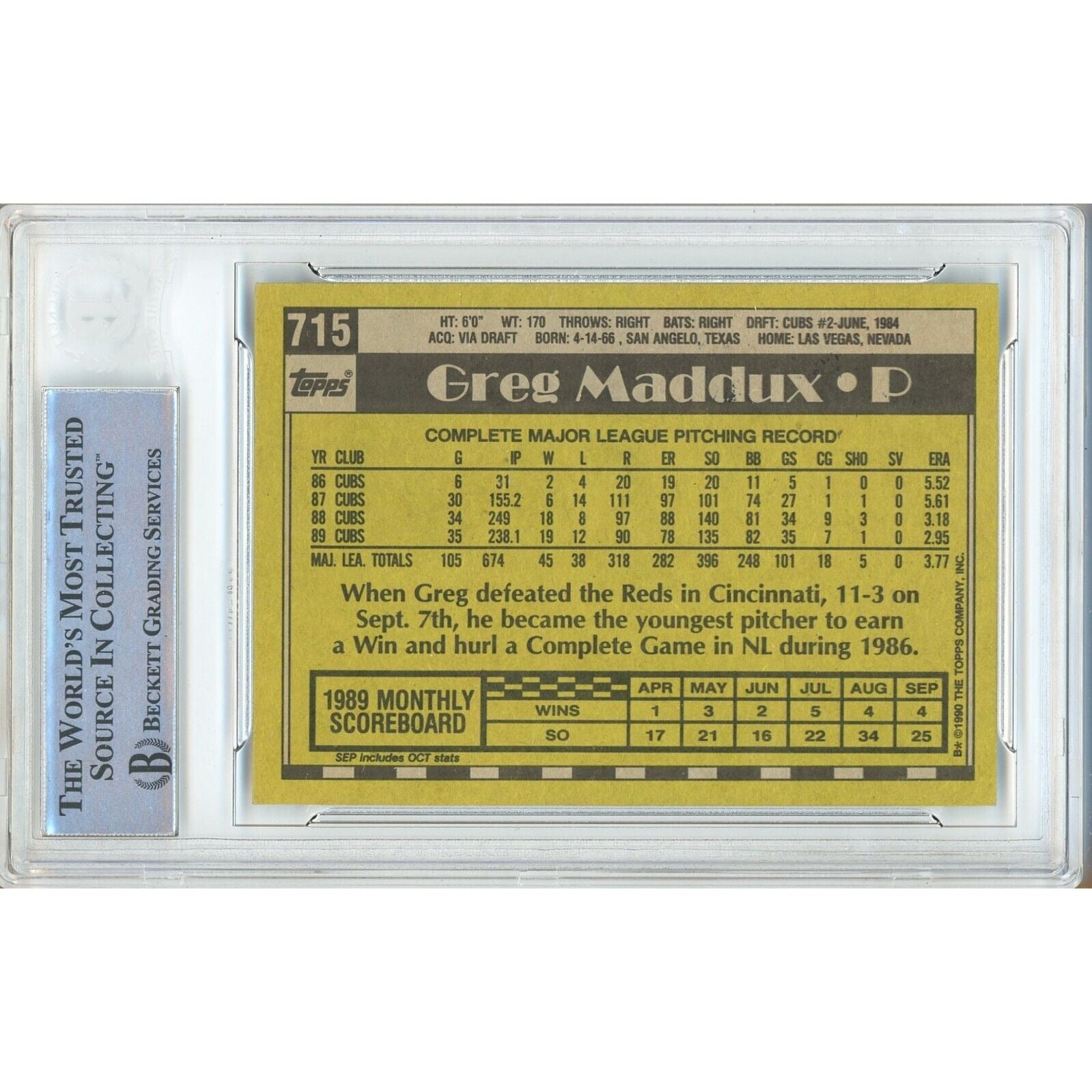 Baseballs- Autographed- Greg Maddux Chicago Cubs Signed 1990 Topps Baseball Card Beckett Authentic Auto Slab Back